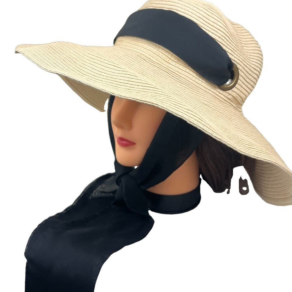 Genie by Eugenia Kim Wide Brim Sun Hat One Size Paper Straw Black Scarf